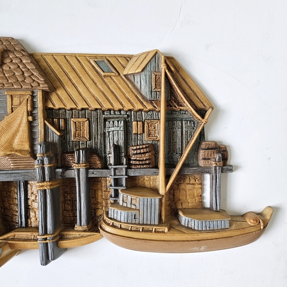 Pair of 1970's Burwood 3D Wall Hanging Seaside Vtg Set Fishing Wharf Boat Dock - Picture 9 of 16